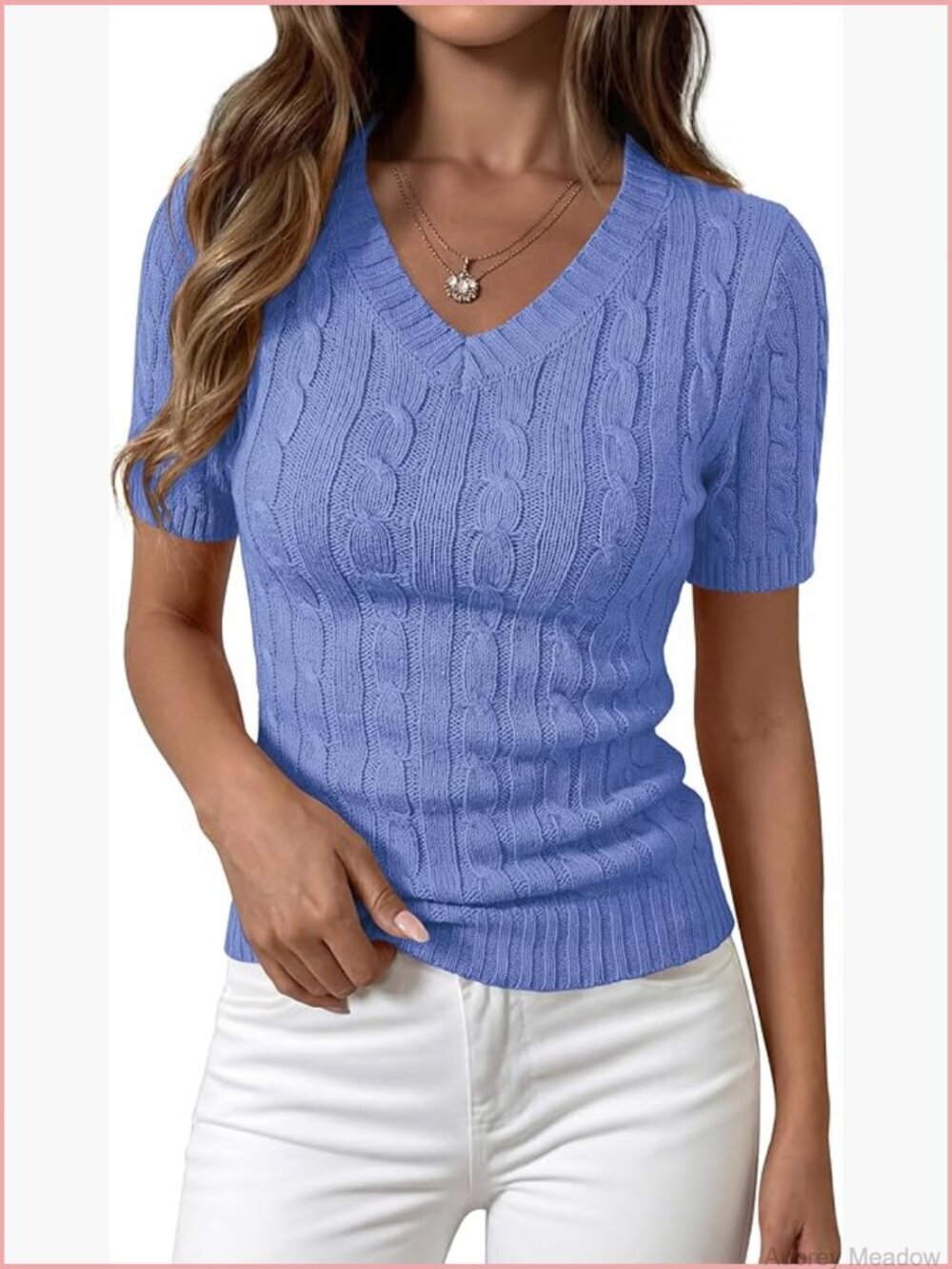 Short Sleeve V Neck Cable Knit Sweater Fitted Work Top